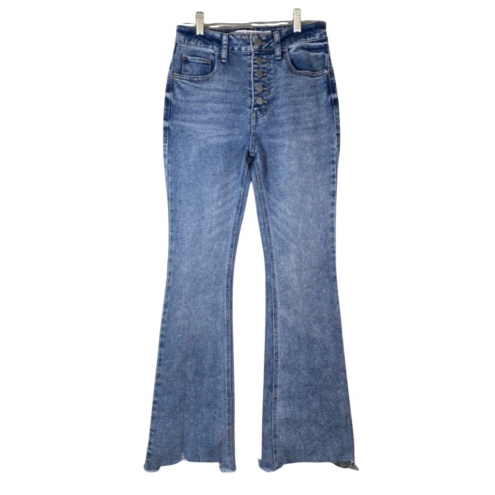 Tinseltown Size 3 Button Fly Flare Jeans Raw Hem High Rise Blue Denim Flares